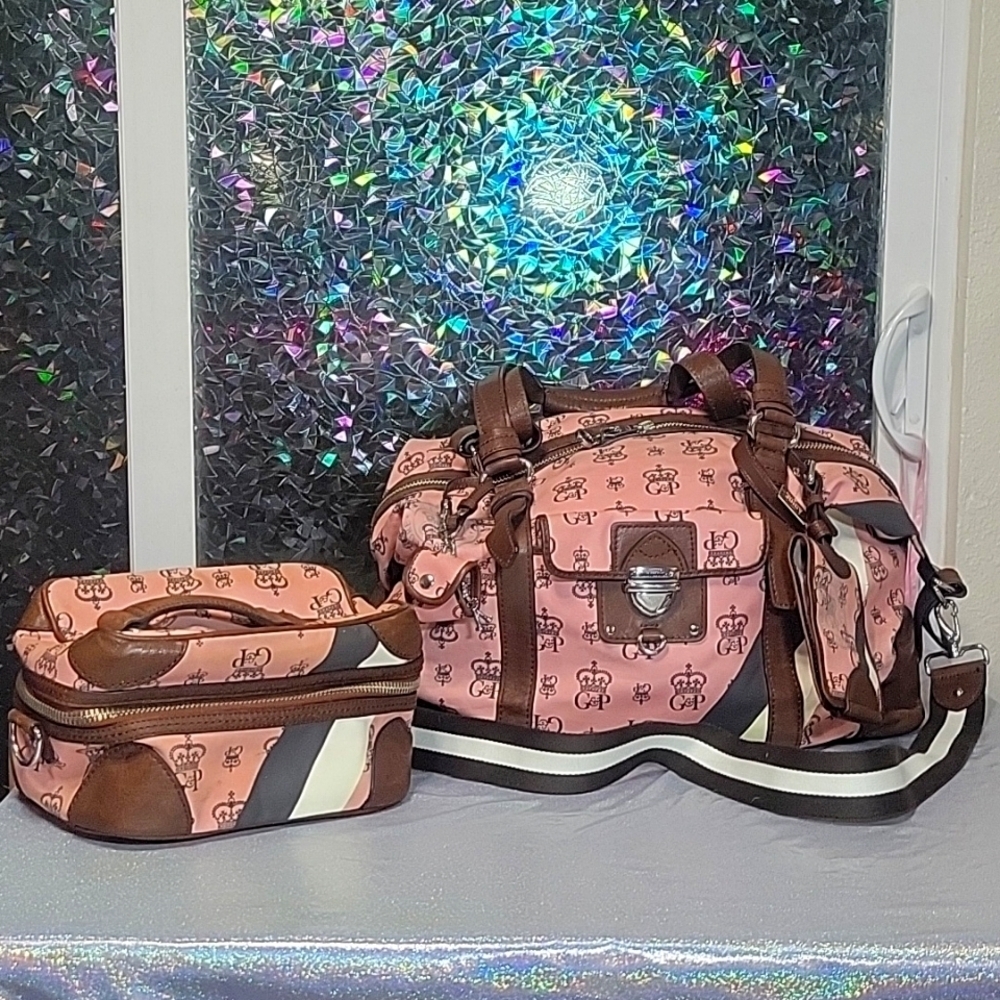 Y2K Vintage Juicy Couture Pink Monogram Brown Leather Duffle Bag Train Case Set